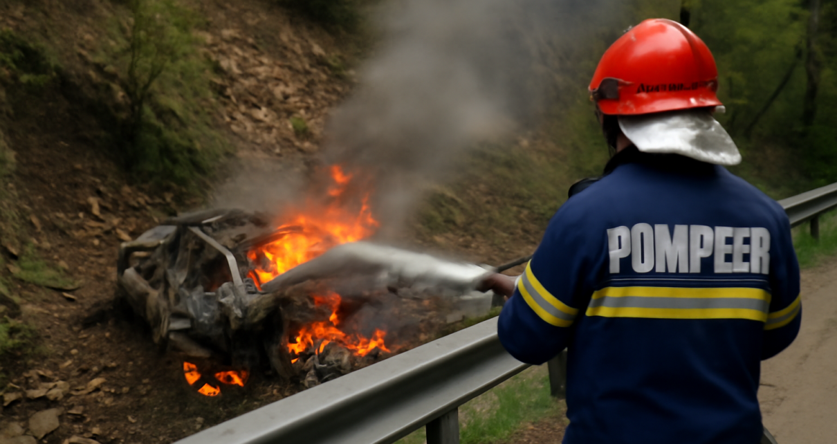 Accident tragic în Vâlcea: Un bărbat a decedat după ce mașina în care se afla a căzut într-o prăpastie și a luat foc