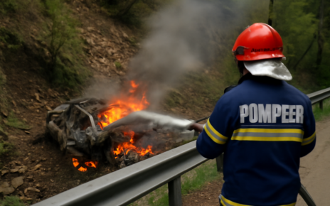 Accident tragic în Vâlcea: Un bărbat a decedat după ce mașina în care se afla a căzut într-o prăpastie și a luat foc